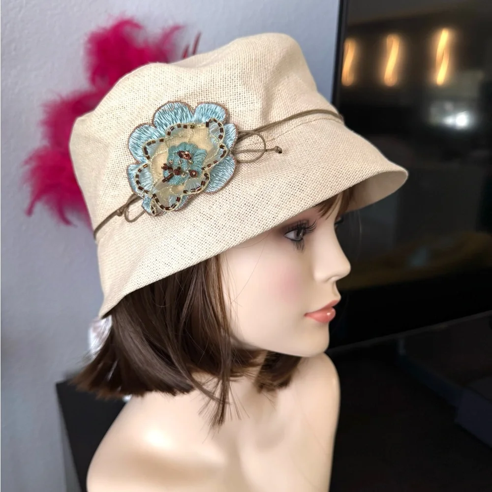 Coldwater Creek Bucket Hat with Blue Floral Accent